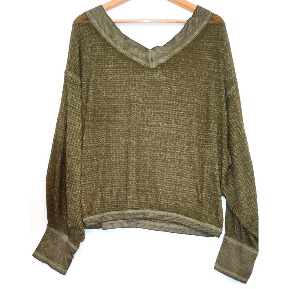 We The Free Olive Knit V-Neck Pullover Over Swimsuit Womens M Lightweight Summer